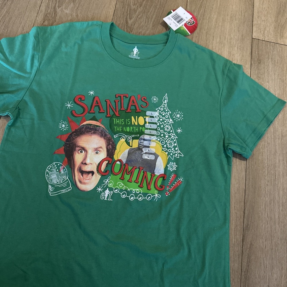 Elf "Santa's Coming"‎ Holiday Short Sleeve Funny Tee Green Size Large NEW